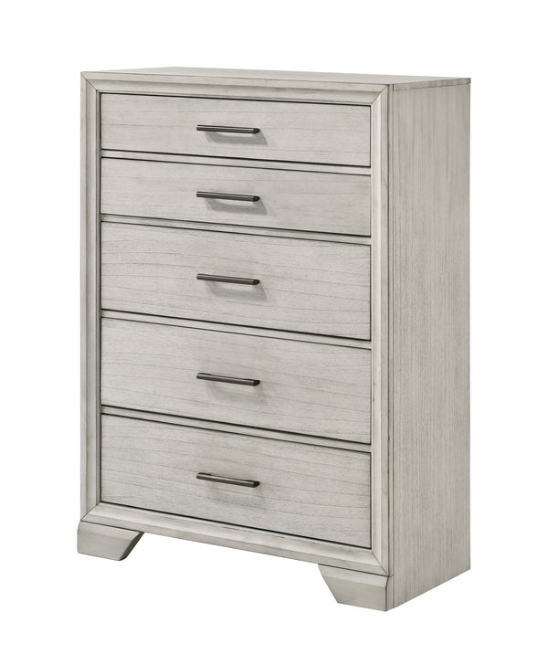 English Elm 1pc Five-Drawer Chest in White Mist Finish with Metal Knobs & Handles, Spacious Bedroom Storage Solution Antique White 39 L x 20.5 W x 54 H B011P228950