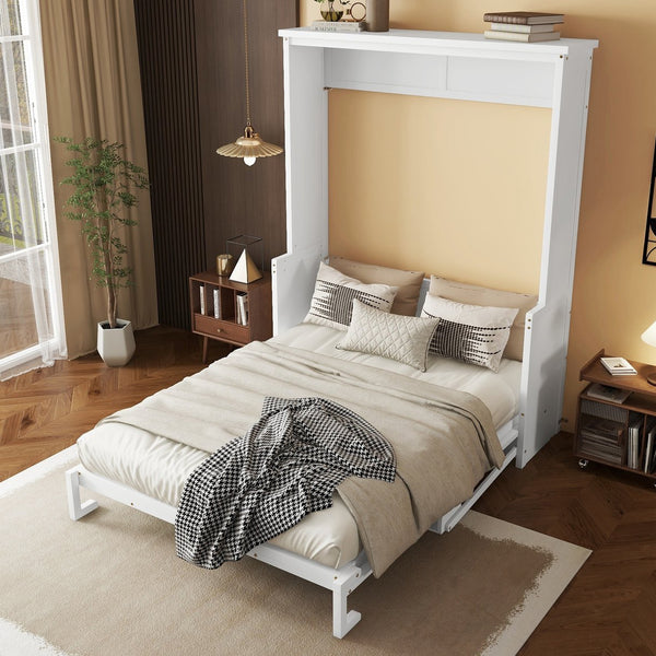 English Elm Queen Murphy Wall Bed with Integrated Desk Gas Strut Lift White Cabinet for Small Spaces White W504S00216