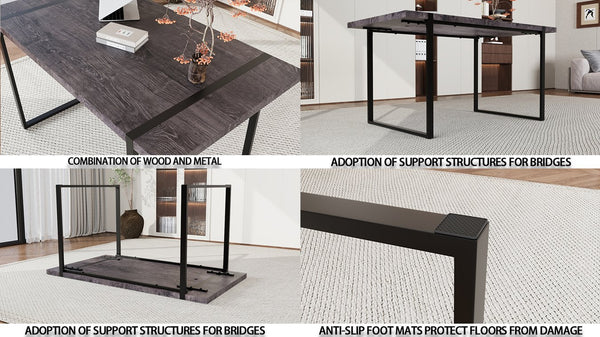 English Elm 59 Inch Industrial Farmhouse Dining Set with Mdf Table and Six Upholstered Chairs Black W2189S00926