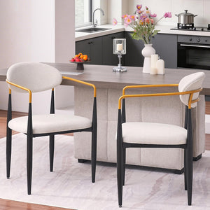 English Elm Modern Upholstered Dining Chairs Set of 2 Beige Fabric Gold Arm Black Frame W5501P462415