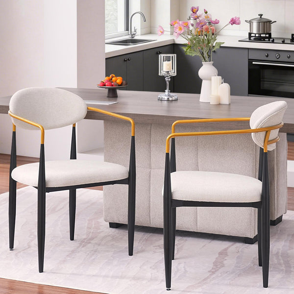 English Elm Modern Upholstered Dining Chairs Set of 2 Beige Fabric Gold Arm Black Frame W5501P462415
