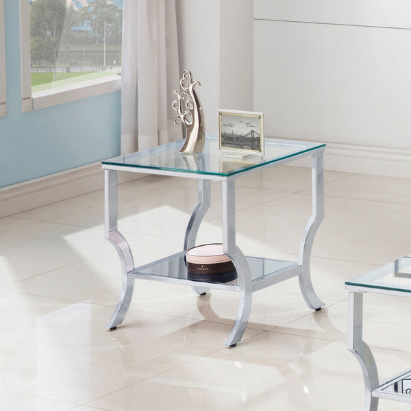 English Elm Porch Chrome Glass Square Top End Table with Mirrored Shelf, Sleek Metallic Finish, Durable Modern Accent B062P328627