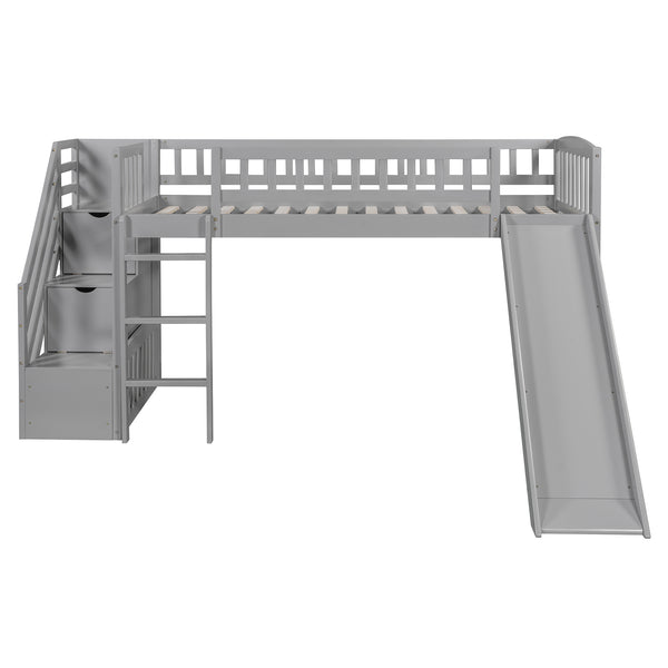 English Elm Stairway Twin Loft Bed with Storage Staircase Slide and Guardrails for Kids Gray LT000515AAE-2