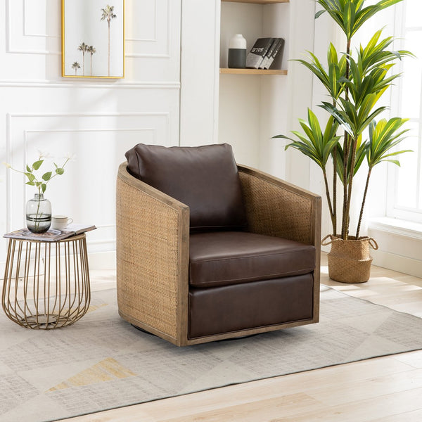 English Elm Swivel Barrel Chair Plush Leather Accent Seat with 360° Metal Base, Sturdy Hardwood Frame, 300lb Capacity Brown W395102739