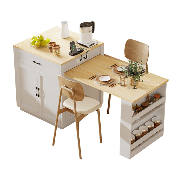 English Elm K&K Extendable Kitchen Island with Dining Table, 51.2" Seating for 2-6, Power Hub & Double Storage White Oak N707S000010W