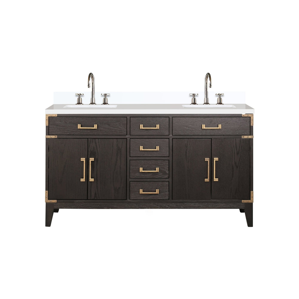 English Elm Brown Oak Double Bath Vanity With White Quartz Top, Chrome Faucet, Ample Storage & Soft-Close Hardware B2731P259850