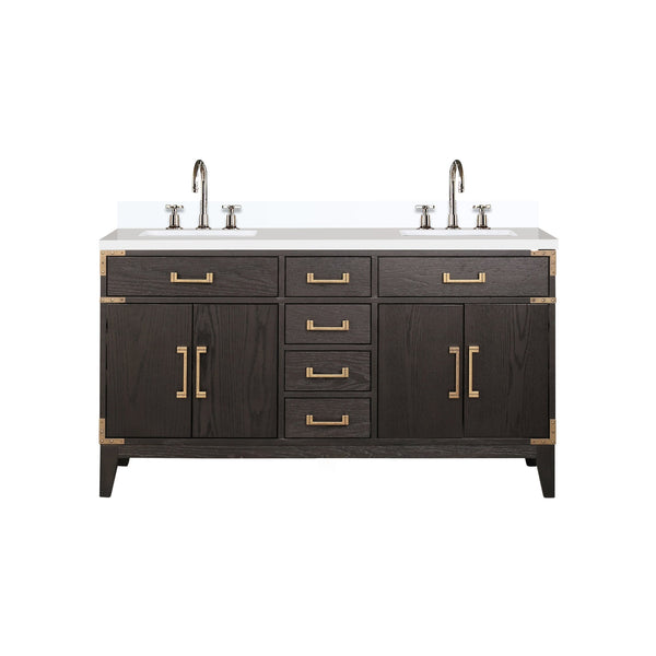 English Elm Brown Oak Double Bath Vanity With White Quartz Top, Chrome Faucet, Ample Storage & Soft-Close Hardware B2731P259850