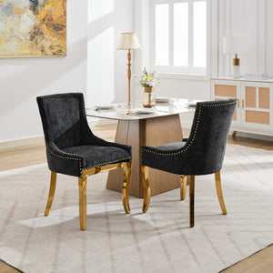 English Elm Chenille Modern Dining Chair with Curved Gold-Plated Legs, Rivet Trim, Textured Upholstery Comfort Black W1143P332685