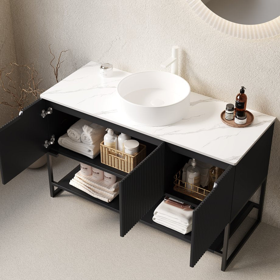English Elm Tulio Freestanding 48 Inch Bathroom Vanity Matte Black Cabinet Vessel Sink Sintered Stone W2615S00219