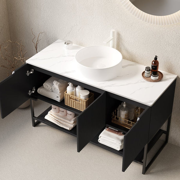 English Elm Tulio Freestanding 48 Inch Bathroom Vanity Matte Black Cabinet Vessel Sink Sintered Stone W2615S00219