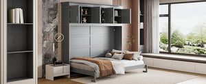 English Elm Queen Murphy Wall Bed with Storage Cabinets and Wine Rack for Small Space Living Gray LP000879AAE-1