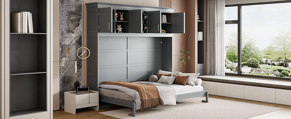 English Elm Queen Murphy Wall Bed with Storage Cabinets and Wine Rack for Small Space Living Gray LP000879AAE-1