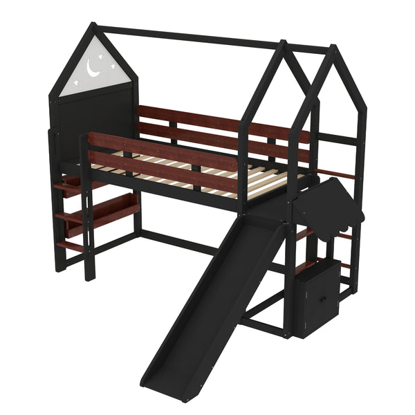 English Elm Full Size Pine Loft Bed House Frame with Slide Bookshelves and Moon Star Rails W1580S00311