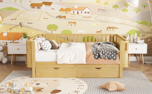 English Elm Twin Kids Platform Bed Solid Pine White Finish with Storage Drawers and Safety Rails Natural W2593P409119