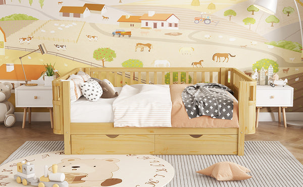 English Elm Twin Kids Platform Bed Solid Pine White Finish with Storage Drawers and Safety Rails Natural W2593P409119