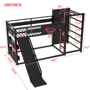 English Elm Twin Metal Loft Bed with Slide Basketball Hoop Climbing Wall and Built-in Shelves Black W1580S00342