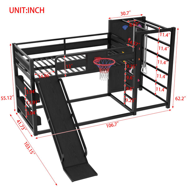 English Elm Twin Metal Loft Bed with Slide Basketball Hoop Climbing Wall and Built-in Shelves Black W1580S00342