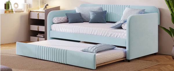 English Elm Upholstered Velvet Twin Daybed with Pull Out Trundle Sofa for Guest or Kids Room LP100127AAC
