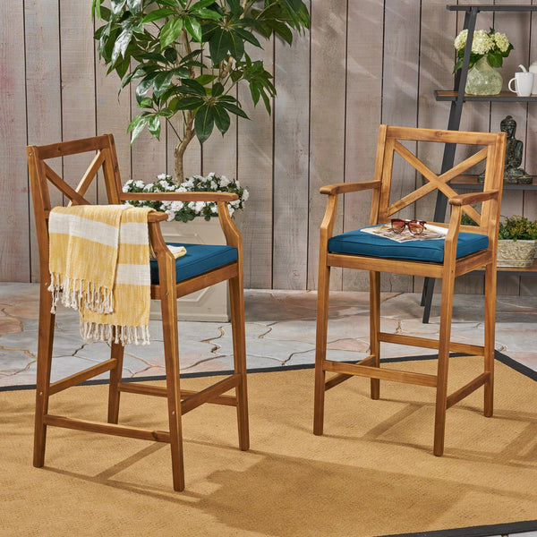 English Elm Christopher Knight Home® - PERLA Acacia Wood Outdoor Barstool Set of 2 with Water-Resistant Cushions, Cross-Back Farmhouse Charm Blue 63748.00BLU