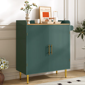 English Elm Modern Fluted Bar Cabinet with Wine Rack Glass Holders Adjustable Shelving and Hidden Drawer Green N728P438606G