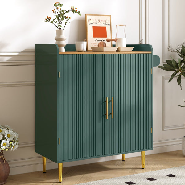 English Elm Modern Fluted Bar Cabinet with Wine Rack Glass Holders Adjustable Shelving and Hidden Drawer Green N728P438606G