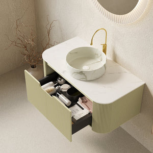 English Elm Dina Floating Bathroom Vanity Sintered Stone Top Glass Basin Striped Plywood Cabinet W2615S00564
