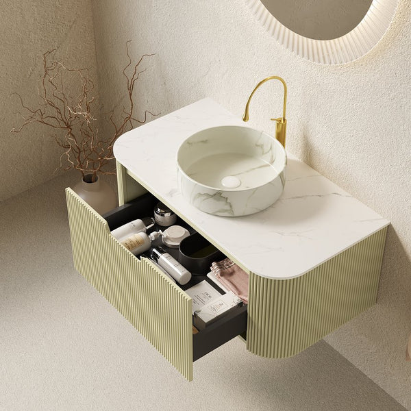 English Elm Dina Floating Bathroom Vanity Sintered Stone Top Glass Basin Striped Plywood Cabinet W2615S00564