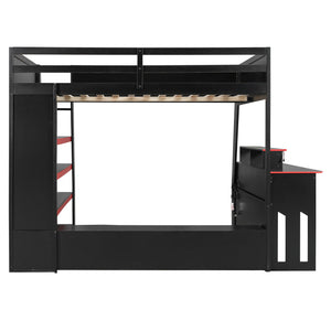 English Elm Full Size Wood Loft Bed with Rgb Lighting Desk and Multi-tier Shelves for Gaming Red LT000374AAR