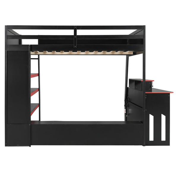 English Elm Full Size Wood Loft Bed with Rgb Lighting Desk and Multi-tier Shelves for Gaming Red LT000374AAR
