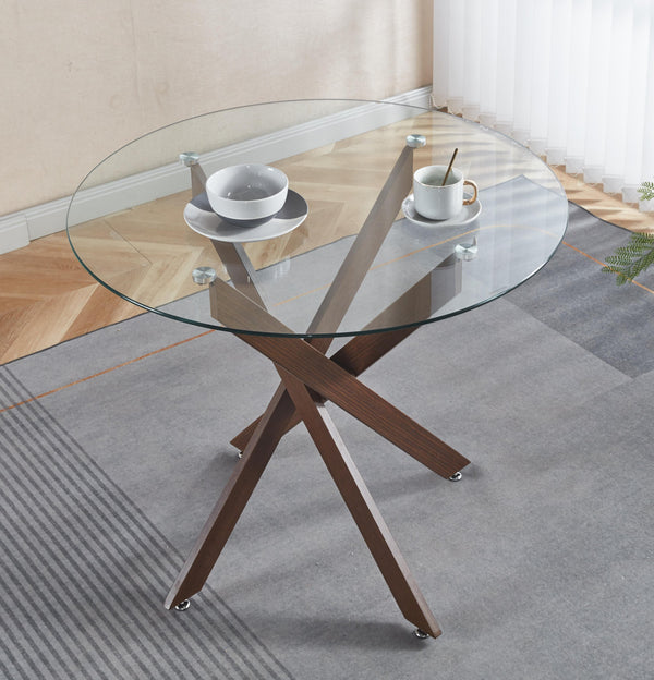 English Elm Dining Table Square Tempered Glass Top Cross Metal Base Modern Space Saving Design W234P271488