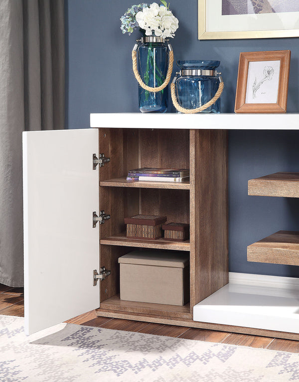 English Elm Modern Sculpted Sofa Table with Two-Tone Finish, Open Shelves for Display and Minimalist Storage Elegance Natural,White 53 L x 23 W x 11 H B2741P357608