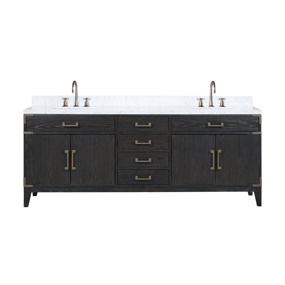 English Elm Black Oak Double Bath Vanity With Carrara Marble Top, Chrome Faucet Set & Ample Storage Space B2731P260978