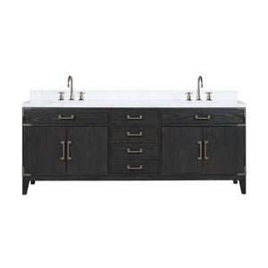 English Elm Black Oak Double Bath Vanity With Carrara Marble Top, Chrome Faucet Set & Ample Storage Space B2731P260978