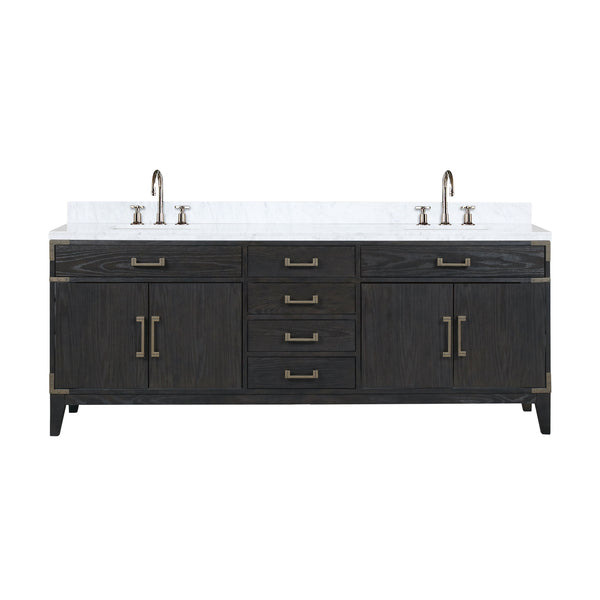English Elm Black Oak Double Bath Vanity With Carrara Marble Top, Chrome Faucet Set & Ample Storage Space B2731P260978