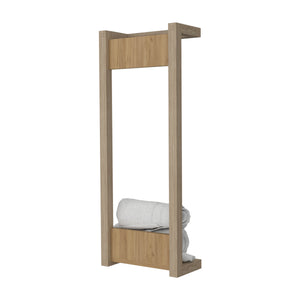 English Elm Washan Wall-Mounted Towel Rack with Open Vertical Frame and Lower Shelf, Natural Oak Finish, 31.5" tall B128P375318