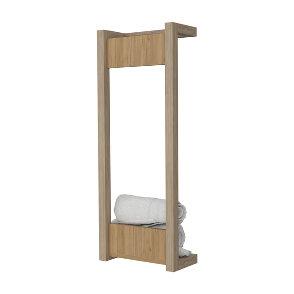 English Elm Washan Wall-Mounted Towel Rack with Open Vertical Frame and Lower Shelf, Natural Oak Finish, 31.5" tall B128P375318