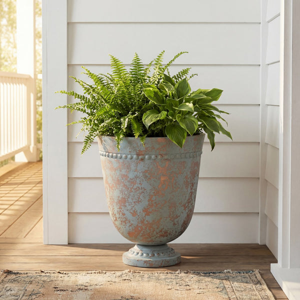 English Elm Polyresin Outdoor Garden Urn with Roman Column Base Antique European Terrace Planter N772P450054G