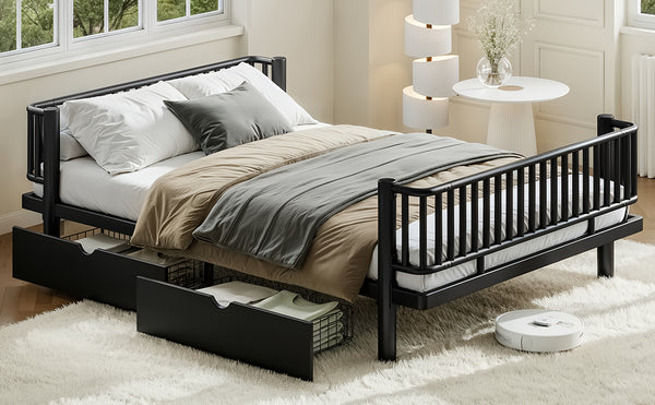 English Elm Queen Storage Platform Bed Low Profile Metal Frame with Built-in Drawers for Small Spaces Black W5305P471352