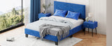 English Elm Simple Queen Size Upholstered Bed Frame With Rivet Design, Modern Velvet Platform Bed With Headboard, Blue