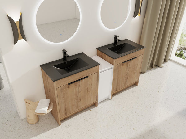 English Elm 72 Inch Freestanding Bathroom Vanity With Black Ceramic Sink, Soft-Close Doors & Ample Storage W999S00324