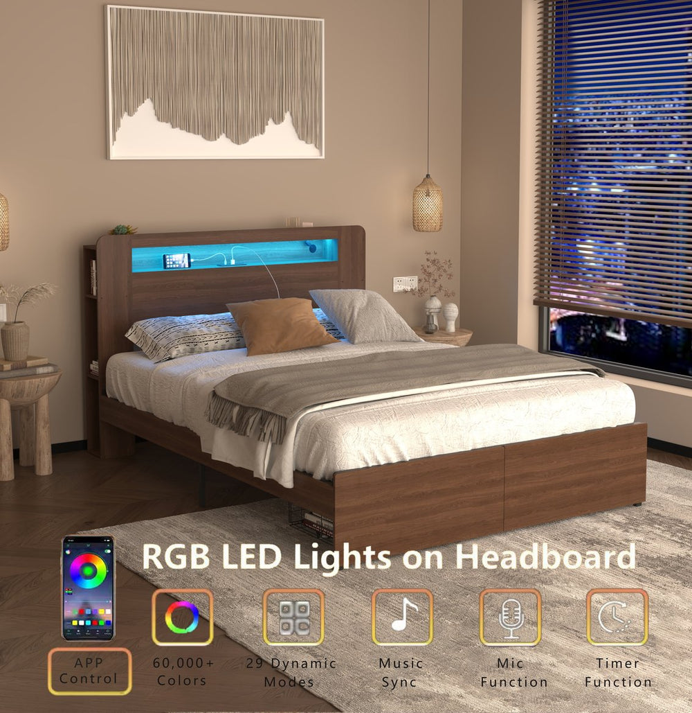 English Elm Bed Frame Full with Led Headboard Bookshelf Drawers Rustic Wood Storage Platform W2129P390128