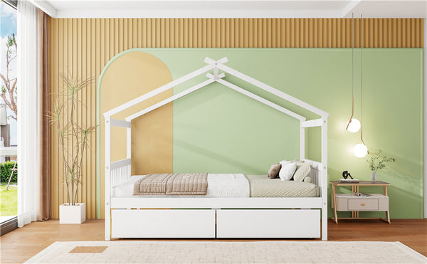 English Elm Twin House Bed Solid Pine Kids Cottage Frame with Storage Drawers Imaginative Room N708P309247K