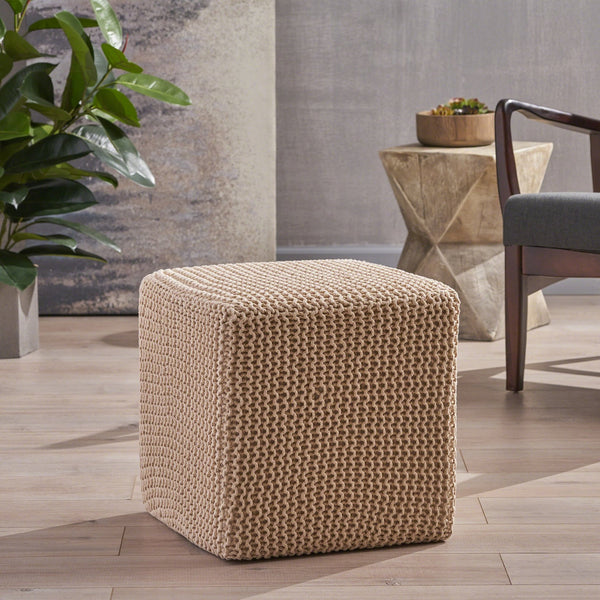English Elm Christopher Knight Home® - KNITTED Foot Stool with Handcrafted Cotton Cover, Compact 17" Cube, Sturdy Versatile Accent Seat Beige 62665.00BGE
