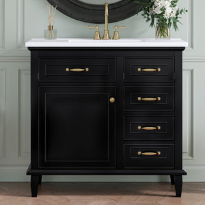 English Elm 36 Inch Bathroom Vanity With Ceramic Sink Top, Solid Wood Frame & Smart Storage Solutions For Style N725P336554B