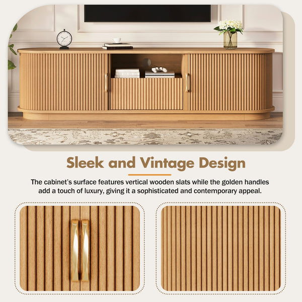 English Elm Vintage Farmhouse Media Console with Slatted Sliding Doors and Brass Hardware for Living Room Natural N721P427206D