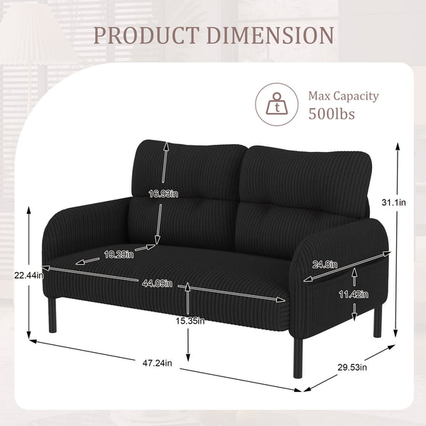 English Elm United We Win Corduroy Two Seat Sofa with Lumbar Support and Built in Storage Pockets Black W1568P386171