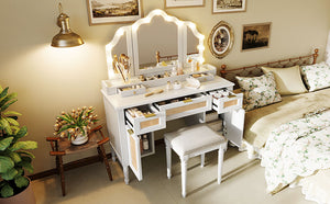 English Elm 44.37 Inch Hollywood Led Vanity Desk Tri-fold Mirror Bamboo Drawers Bedroom White N704P342558K