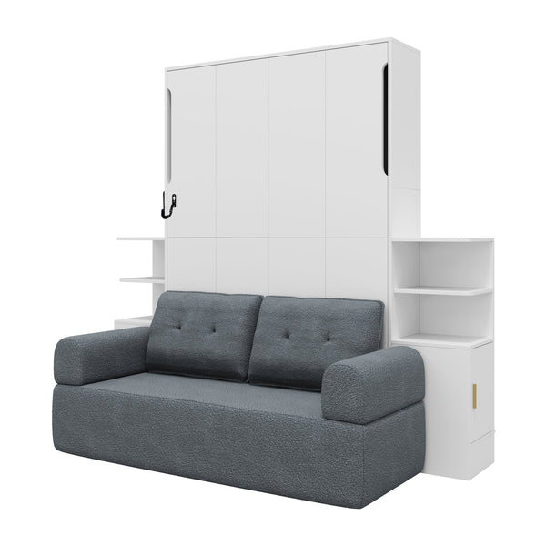 English Elm Full Size Murphy Bed System with Integrated Sofa and Storage Towers for Guest Rooms White+Gray LP000380AAE