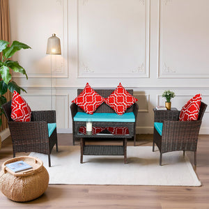 English Elm Four-Piece Outdoor Rattan Sofa Set With Emerald Green Cushions & Stylish Glass Table For Patios W3152P269438