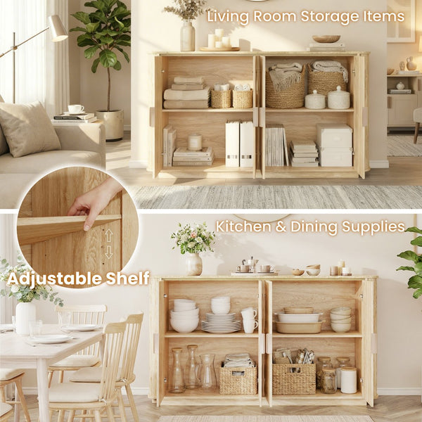 English Elm 60'' Fluted Oak Credenza with Faux Marble Top and Gold Trim Four Door Buffet Natural Wood W5216P454717
